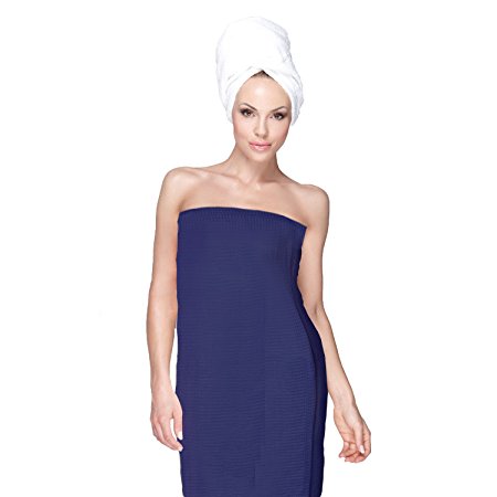 Spa Bath Wrap for Women Turkish Shower Robe 100% Cotton Waffle Weave (Navy)
