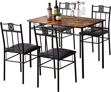 VECELO Kitchen Dining Room Table and Cushion Chairs, 5-Piece Dinette Sets, Space Saving, Retro Brown