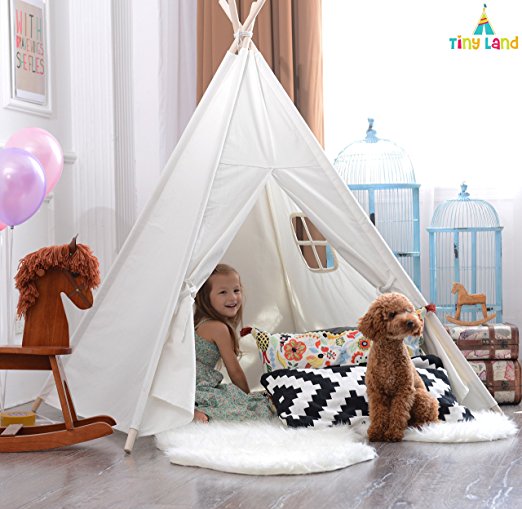 White Canvas Play Teepee tent for kids 100% Cotton By Tiny Land - Colorful Decorations Included