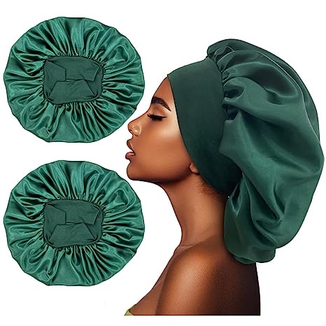 Silk Shower Caps - Satin Bonnet for Sleeping, Hair Bonnet for Curly Hair, Jumbo Bonnet & More - Large Bonnets for Black Women & Men - Silk Caps for Women to Protect Hair(2pc, Green)