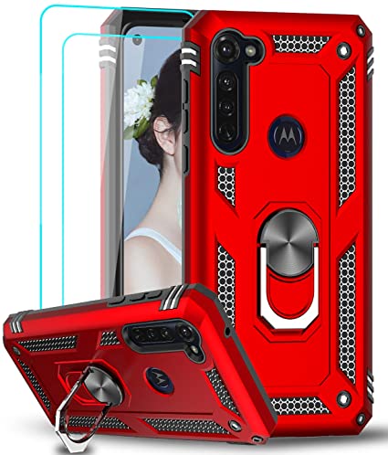 Moto G Stylus Case, Moto G Pro Case 2020 with [2PCS] Tempered Glass Screen Protector, LeYi Military-Grade Armor Defender Phone Case with Magnetic Rotating Ring Kickstand for Motorola G Stylus, Red