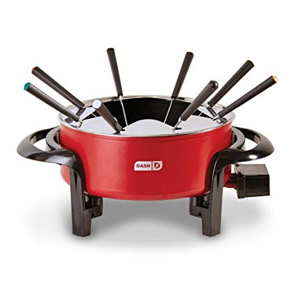 Dash DFM100GBRD04 Electric Fondue Set with Nonstick Pot, 8 Colored Forks & Temperature Control for Cheese, Chocolate, Steak, Poultry, Seafood   More, 3 QT, Red