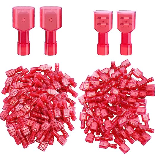 Twidec/100PCS Nylon Spade Connectors Kit 22-18 Gauge Quick Disconnect Fully Insulated Male and Female Wire Spade Terminal Assortment Kit Red N-025-R
