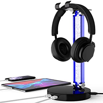 MOCREO Headphone Stand, RGB LED PS4 Gaming Headset Stand with USB Charger Gifts for Gamer Desk Headset Hanger for iPhone