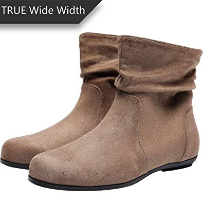 Women's Wide Width Ankle Boots, Flat Boots Side Zipper Cozy Comfortable Winter Booties.