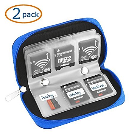 22 Slots SD SDHC MMC CF Micro SD Memory Card Case Holder Pouch Zippered Storage Bag (Blue) - 2 Pack