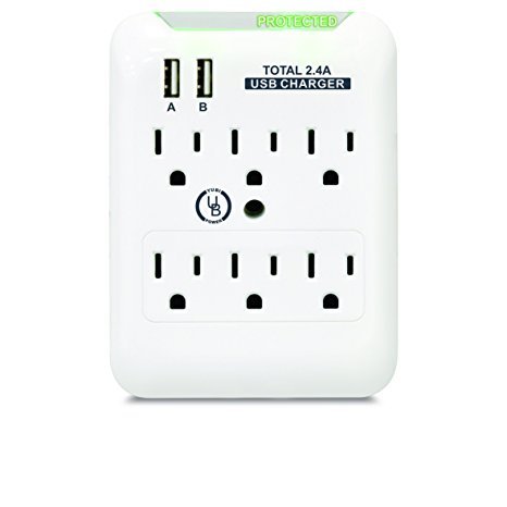 Yubi Power 6-Outlet Wall Mount Surge Protector with 2.4A Dual USB Charging Output - Wall-Mount Surge Protector With USB 540 Joules