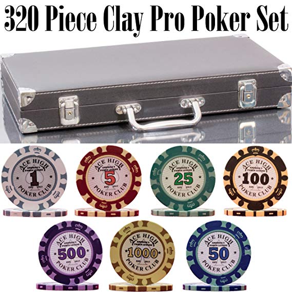 320 Piece Clay Pro Poker Chip Set - 320 heavy weight 14g casino-quality poker chips - 2x PLASTIC CARDS with cutting cards - METAL REINFORCED leather case with wooden insert - FREE Poker Felt (Style B)