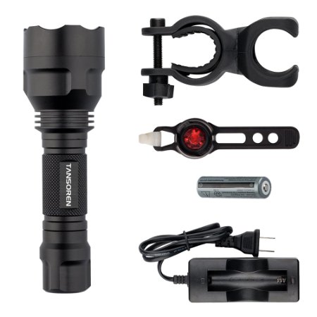 TANSOREN® 600 Lumens Ultra Bright Tactical Waterproof LED Handheld Flashlight Bike Headlight Taillight Rechargeable 18650 Battery Charger