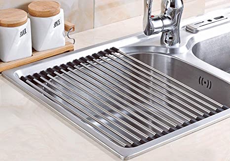 Roll Up Dish Drying Rack, Over The Sink Kitchen Roll up Sink Drying Rack, Foldable Sink Rack Mat Stainless Steel Wire Dish Drying Rack for Kitchen Sink Counter(18.5" x 11") (Black)