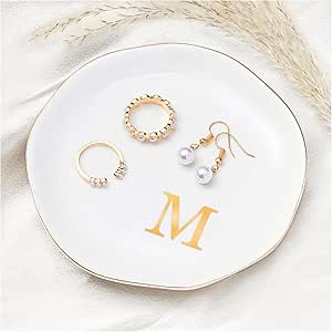 ProCase Ceramic Jewelry Tray, Initial Ring Dish Trinket Plate Engagement Gift, Small Personalized Monogram Ring Bowl for Wedding, White Decorative Jewelry Holder for Women Vanity -Letter M