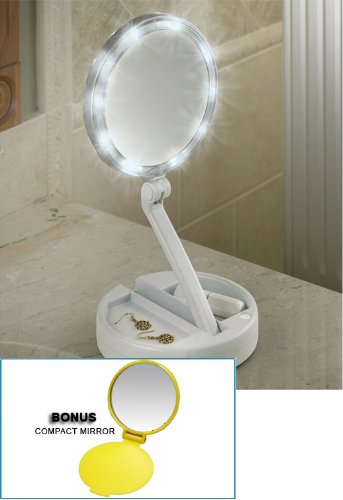 Lighted Bright Leds Foldaway Portable Vanity Mirror 12x Mag   BONUS Compact Mirror