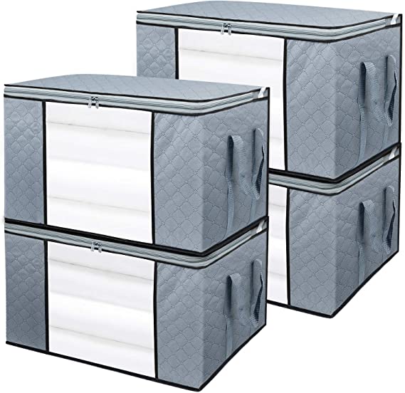 BoxLegend Clothes Storage Bag Large Capacity Organizer with Reinforced Handle Thick Fabric Large Clear Window for Comforters, Blankets, Bedding 4 Pack, 90L
