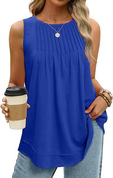 Aokosor Womens Summer Fashion 2024 Tank Tops for Women Loose Fit Pleated Sleeveless Shirts with Curved Hem Flowy Clothes