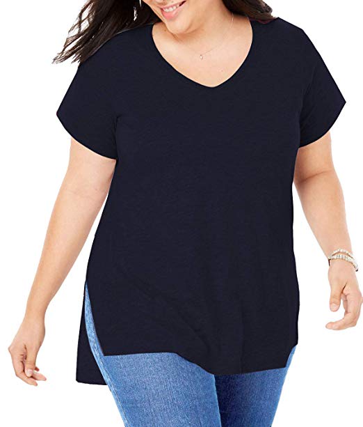 Women Plus Size Short Sleeve T Shirt Basic Tee Tops High Low Loose Shirts with Side Split