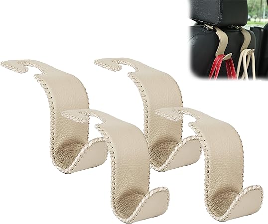 Amooca Car Seat Headrest Hook Universal Vehicle Storage Hanger Leather with Metal Car Seat Back Organizer for Handbag Purse Coat Beige 4 Pack