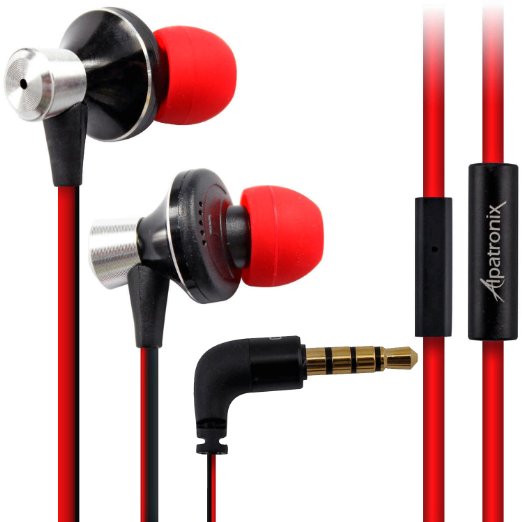 Earbuds, Alpatronix [EX100] Universal High Performance Stereo In-Ear Headset with Built-in Microphone, Noise Isolating Earphones, Tangle-Free Headphones, Premium Metallic Alloy Housing, Enhanced BASS & 1-Button Playback Control for Android/iOS Smartphones, Desktop PC, Tablets, Laptops & MP3 Players [Retail Packaging with Carrying Pouch] - (Red/Black)