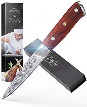 Daddy Chef Damascus Paring Knife - 3.5 inch Blade Japanese VG10 67 Layer Stainless Steel - Fruit and Vegetable cutting chopping carving knives - Small Carbon Peeling knife - Ergonomic G10 Handle