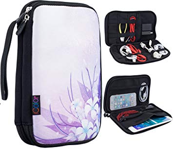 iColor Purple Flowers Double Layer Universal Electronic Accessories Bag Gear Storage Travel Cable Organizer for Cord, USB Flash Drive, Earphone and more, Fit for Tablet (up to 7") DOB-07