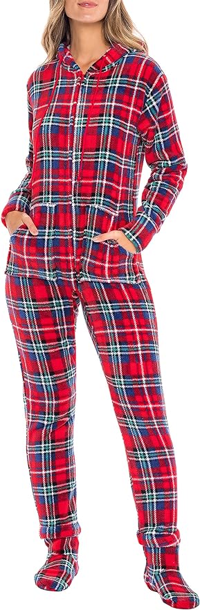 Alexander Del Rossa Women's Warm Fleece One Piece Hooded Footed Zipper Pajamas Soft Adult Onesie Footie with Hood for Winter