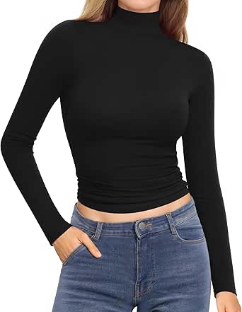 MANGOPOP Women's Turtleneck Shirt Double Lined Long Sleeve Mock Neck Tops for Women Basic Tight T Shirts Tee