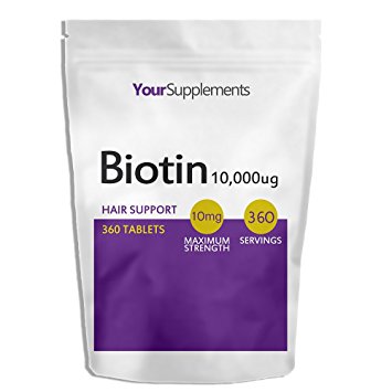 Biotin Hair Growth, 360 Tablets (1 Year Supply) - 10,000mcg Maximum Strength, 1 Per Day, Hair Skin & Nails Support