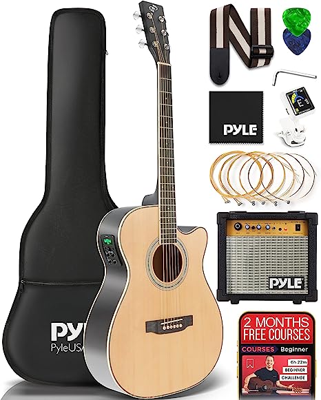 Pyle Cutaway Acoustic Electric Guitar and Amp Kit, 4/4 Scale Spruce Wood Steel String Instrument w/ Practice Amplifier, 41"