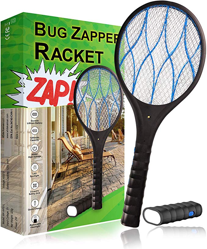 White Kaiman Electric Fly Swatter Racket w/Detachable Flashlight Handheld Personal Bug Zapper Mosquito Zapper Rechargeable 3 Layer Electric Grid 4000 Volts (Black)
