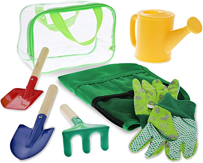 6-Piece Kids Garden Tools with Apron, Yard Gloves, Trowel, Shovel, Rake and Watering Can, Indoor or Outdoor Activity Toys Set for Gardening & Sand