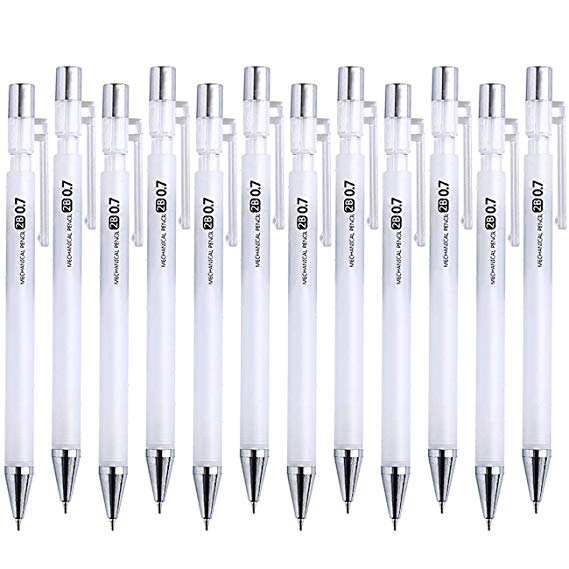 Magicdo Mechanical Pencil Set, 0.7 mm Drafting Pencils with Eraser, White Plastic Barrels and Rubber Grip, Box of 12