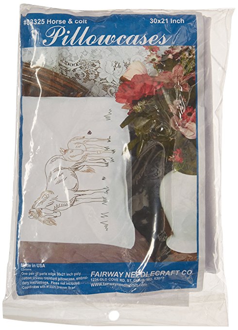 Fairway Needlecraft 83325 Perle Edge Pillowcases, Horse and Colt Design, Standard, White