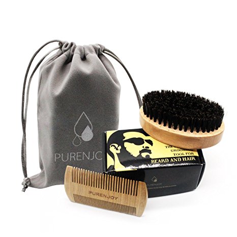 PURENJOY Beard Brush and Comb Set for Men - Boar Bristles and Natural Wooden Material - Perfect Grooming Tool for Mustache & Hair