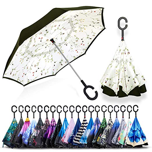 ZOMAKE Double Layer Inverted Umbrellas for Women, Reverse Folding Umbrella Windproof UV Protection Big Straight Umbrella for Car Rain Outdoor with C-Shaped Handle