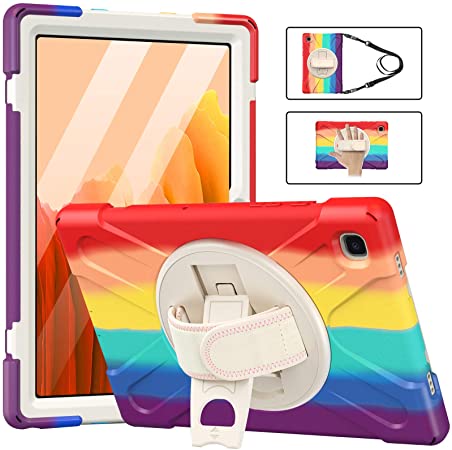 MoKo Case Compatible with Samsung Galaxy Tab A7 10.4 Inch 2020 Model (SM-T500/505/507), PC Full-Body Cover Shell Case with Shoulder & Hand Strap 360 Degree Rotating Stand, Multicolor A