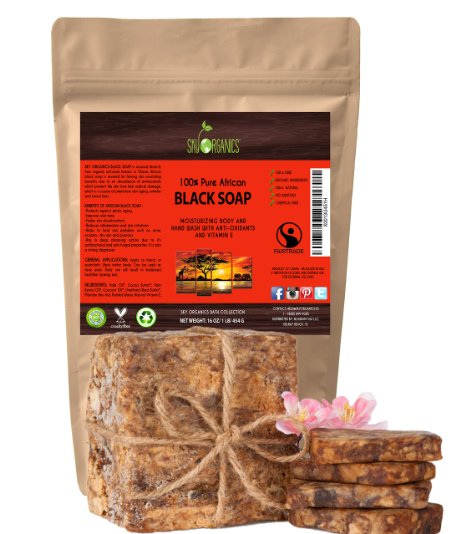 Organic African Black Soap (16oz block) - Raw Organic Soap Ideal for Acne, Eczema, Dry Skin, Psoriasis, Scar Removal, Face & Body Wash, Authentic Black Soap From Ghana with Cocoa , Shea Butter & Aloe