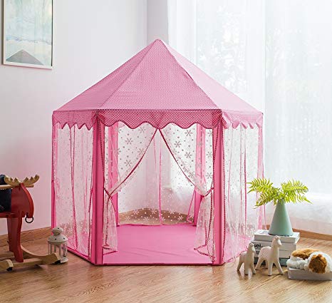 Pericross Snowflake Veil Hexagon Princess Play Tent with Aluminum Alloy Frame and 33ft 100 Diodes AA Battery Powered Brass Wire Lights (Pink)