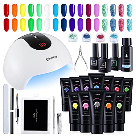 Poly Nail Gel Kit with 36W UV/LED Lamp, Ohuhu 12 Colors Nail Gel Kit Enhancement Builder Nail Extension Professional Poly Gel Kit for DIY Nail Art for Lover Girl Girlfriend - Rainbow Color Series