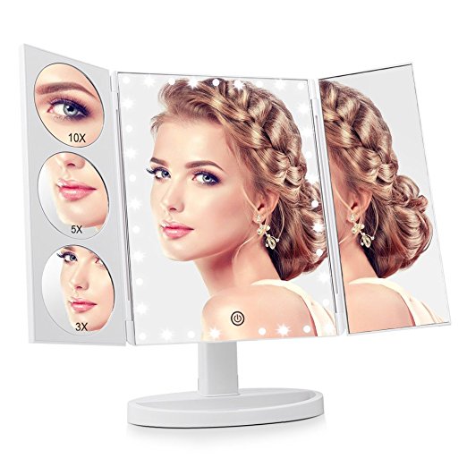 Easehold 35 LED Lighted Vanity Makeup Mirror Tri-Fold with 3X 5X 10X Magnifiers 360 Degree Free Rotation Countertop Bathroom Cosmetic Mirror (White)