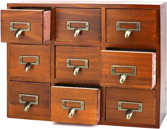 QWORK Desk Drawer Organizer, Wooden Vintage Apothecary Cabinet with 9 Drawers, Home Office & Tea & Dresser Bedroom Organization and Storage, Traditional Apothecary Cabinet