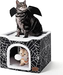 Bedsure Cat Beds for Indoor Cats - Large Halloween Cat Cave for Gothic Pet House with Fluffy Ball Toy Hanging and Scratch Pad, Foldable Cat Hideaway,16.5x16.5x13 inches, Black Cobweb