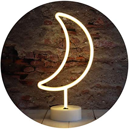 LED Moon Neon Signs, Crescent Night Lights USB Battery Operated Moon Lamp for Birthday Party, Wedding, Halloween, Christmas Decorations-Moon with Holder Base(Warm White)