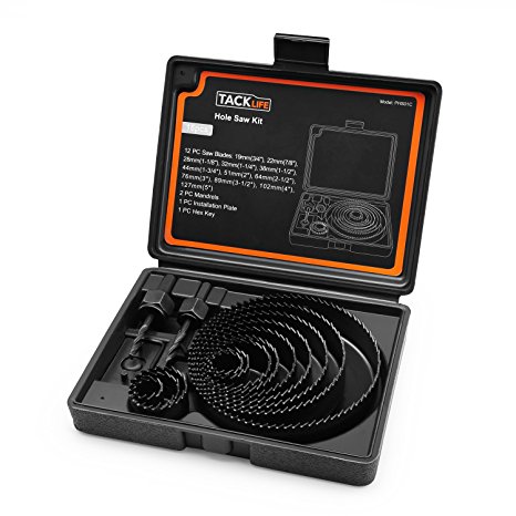 Hole Saw Kit, Tacklife PHS01C 16 pieces 3/4’’-5’’ Full Set in Case with Mandrels, Hex Key and Install Plate for Wood, PVC board, Plastic Plate and Thin Alloys Drilling, Hardened high carbon steel