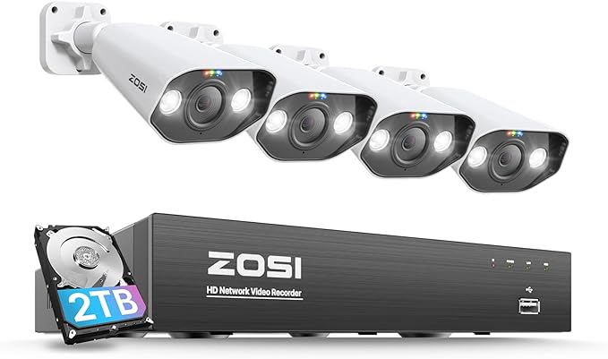 ZOSI 4K 8CH Spotlight PoE Security Camera System with 2TB HDD,4pcs 5MP Outdoor PoE IP Cameras,Smart Human Detection,2 Way Audio,Color Night Vision,8 Ports 16CH 8MP NVR for Home 24/7 Recording