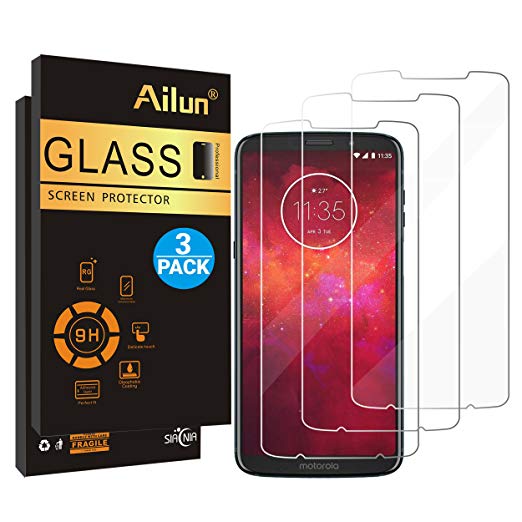 Ailun Screen Protector Compatible Moto Z3 Play (Verizon Moto Z3)[3 Pack] Tempered Glass,9H Hardness,Ultra Clear,Bubble Free,Anti-Scratch&Fingerprint&Oil Stain Coating,Case Friendly