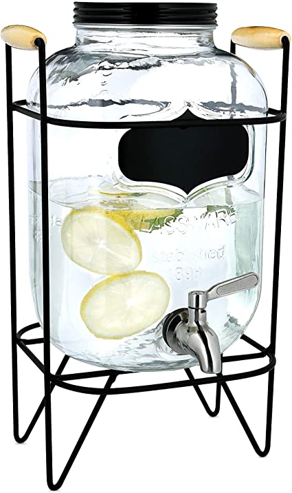 Navaris Drinks Dispenser with Tap and Stand - 5L Glass Drink Jar with Stainless Steel Tap and Metal Wire Stand - for Cold Beverages, Ice Water