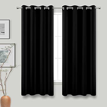 KOUFALL Black Blackout Curtains 63 Length for Bedroom,Grommet 2 Panels Ringed Blocking Light Dimming Pitch Dark Black Out Cover Window Curtain 63 Inches Long