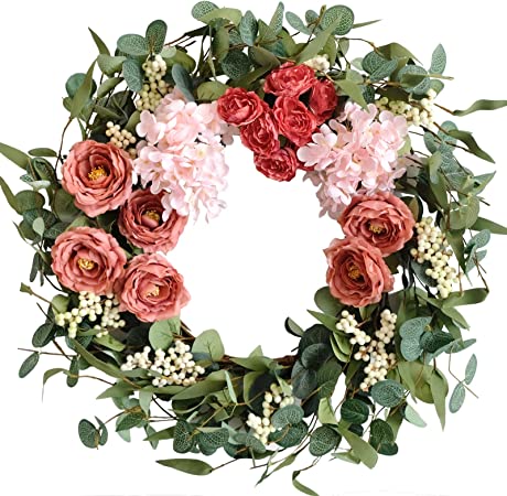 TEMPUS Artificial Pink Peony Wreath 20 inches Front Door Wreath with Hydrangea Green Leaves Wreath， Artificial Spring Wreath Valentines Mother's Day Wreath for Wall Wedding Party Home Decor (Pink) …