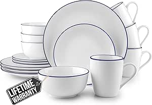 Zulay Kitchen Icon Porcelain Dinnerware Set, Service For 4 - Chip & Scratch Resistant White Plates And Bowls Sets - Microwave & Dishwasher Safe - White With Blue Rim