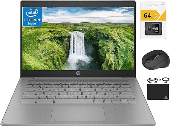 HP Chromebook Thin Laptop Student Business 2024, 14" HD Display, Quad-Core Intel Celeron N4120, 4GB RAM, 128GB Storage (64GB eMMC 64GB SD),Webcam, WiFi, Long Battery, Chrome OS  HubxcelAccessory Gray