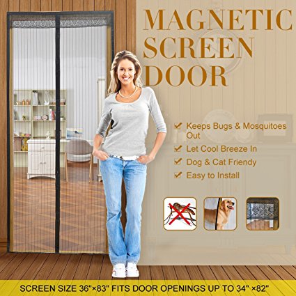 Magnetic Screen Door with Mesh Curtain keeps air in and keeps Bugs & Mosquitoes Out.Toddler And Pet Friendly. Fits Door Openings up to 34"x82"